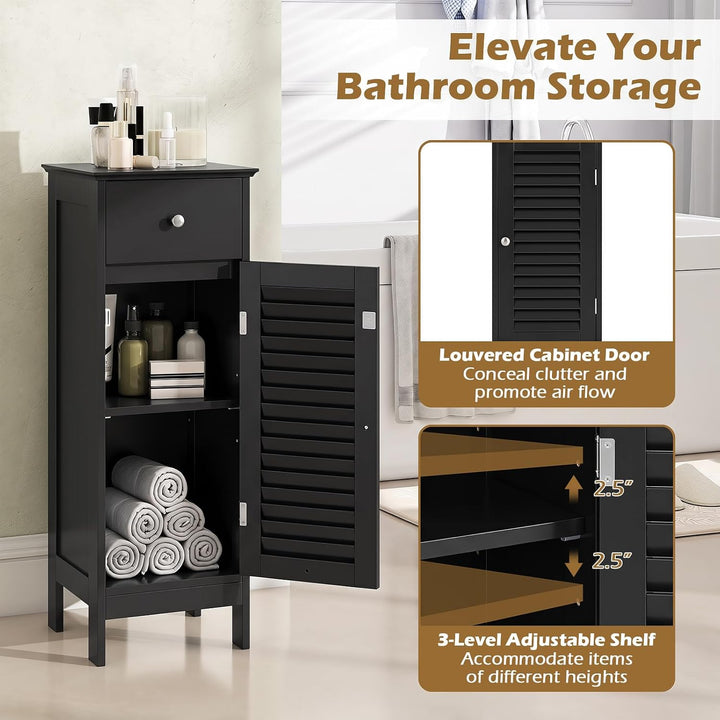 GIANTEX Bathroom Floor Storage Cabinet with Door and Drawer, Black | Freestanding Side Cabinet with 3-Height Adjustable Shelf