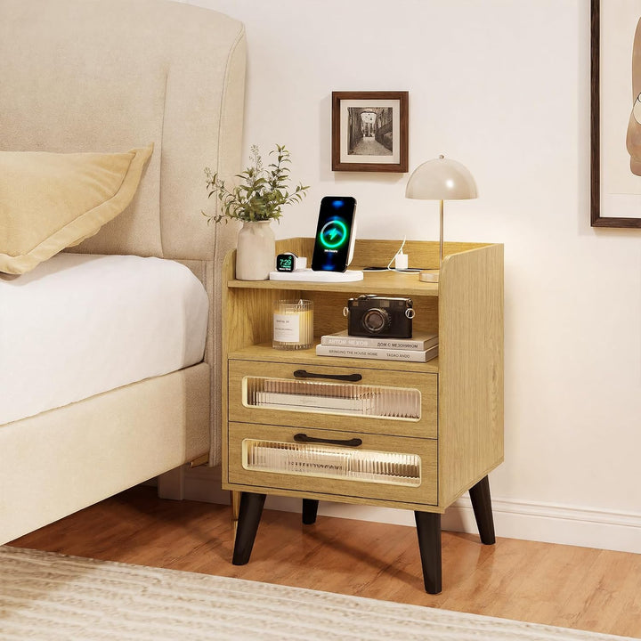 GIANTEX Fluted Nightstand with Charging Station &amp; LED Lights
