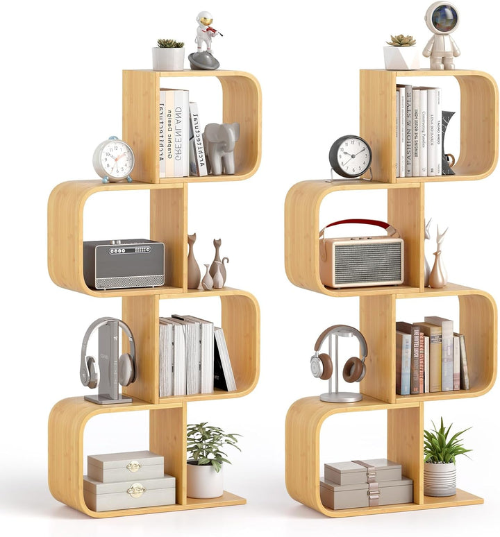 Giantex 4-Tier S-Shaped Bamboo Bookshelf with 4 Open Cubes