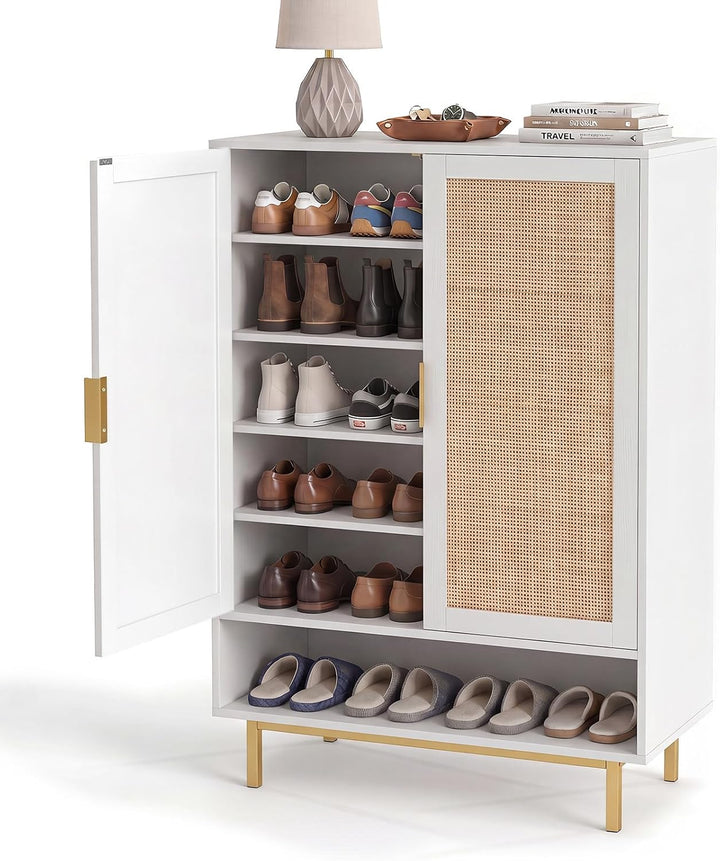 Giantex 6-Tier Shoe Cabinet, 43" Tall Hidden Shoe Storage w/Doors | Freestanding Wooden Shoe Storage Cabinet with Adjustable Shelves &amp; Open Compartment for Hallway Entryway Living Room &amp; Closet