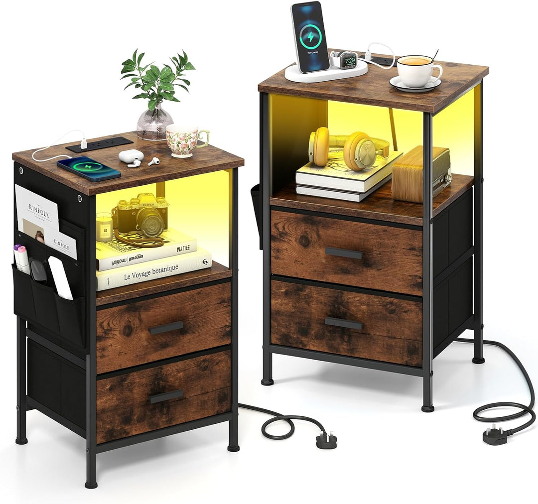 Giantex Night Stand with Charging Station | LED Sofa End Table w/2 Folding Fabric Drawers