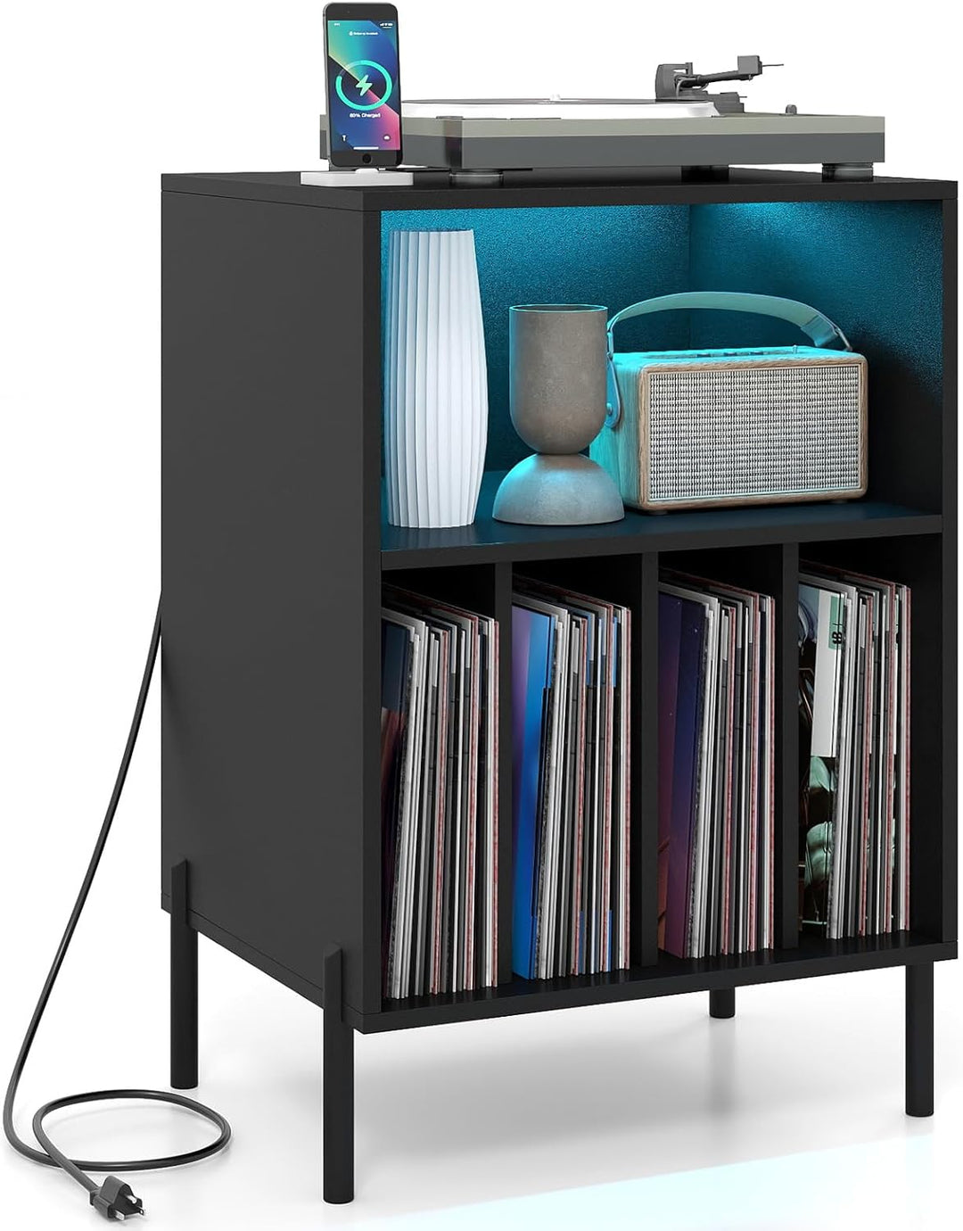 Giantex Record Player Stand with LED Lights & Charging Station
