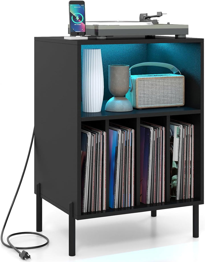 Giantex Record Player Stand with LED Lights & Charging Station