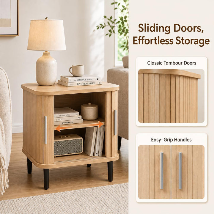GIANTEX Fluted Nightstand with Sliding Doors &amp; Adjustable Shelf