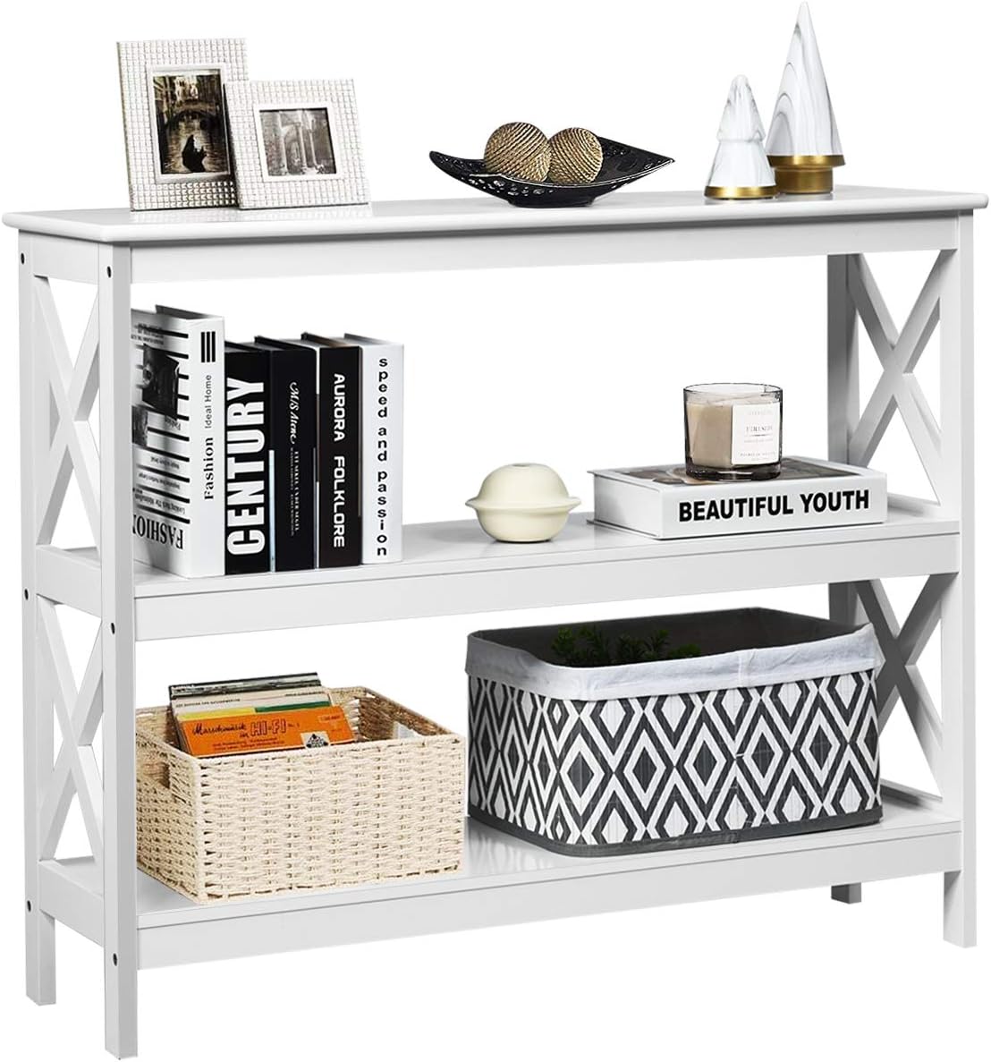 Giantex Console Table with Storage Shelves and X-Shape-Design Bookshelf Narrow Accent Table