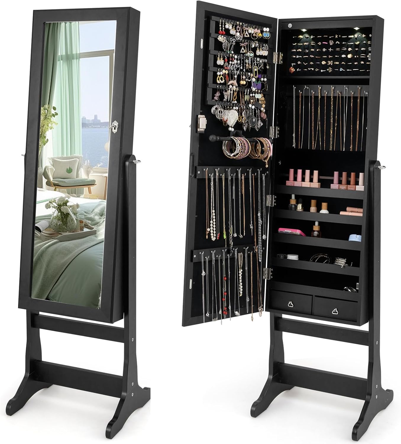Giantex 57.5"H 2 LEDs Standing Jewelry Cabinet with Full Length Mirror with 2 Drawers, 4 Adjustable Angles, Jewelry Storage Organizer