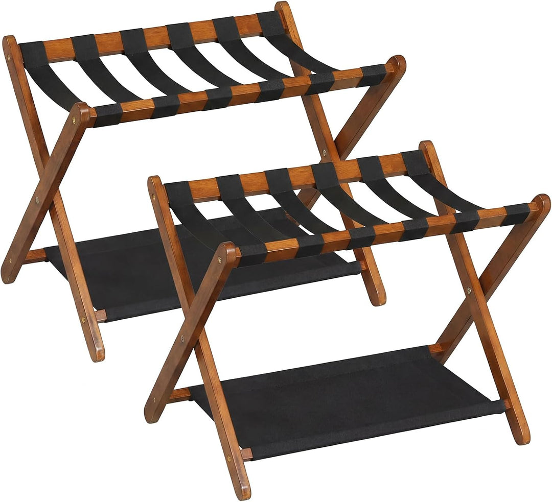 Giantex Folding Luggage Rack | Solid Rubber Wood Suitcase Stand with Storage Shelves
