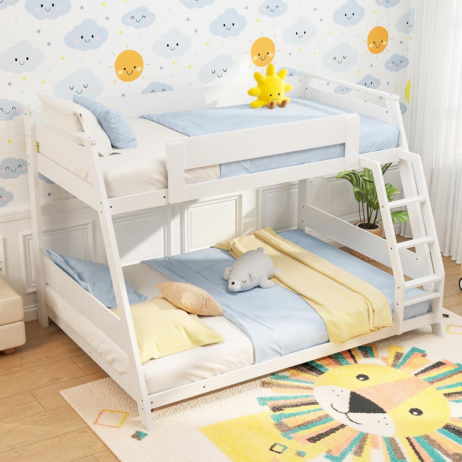 Giantex Wood Bunk Beds Twin Over Full Size, Solid Wood Floor Low Bunk Bed w/Removable Ladder