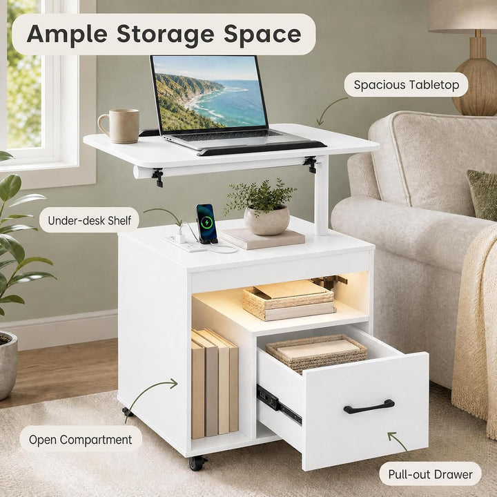 GIANTEX LED Nightstand with Charging Station, Rolling Bedside Table