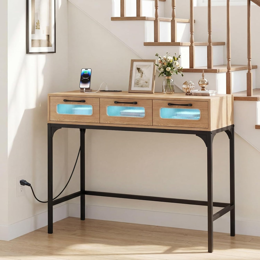 Giantex 35.5" Gold Console Table with Charging Station &amp; 3 Drawers