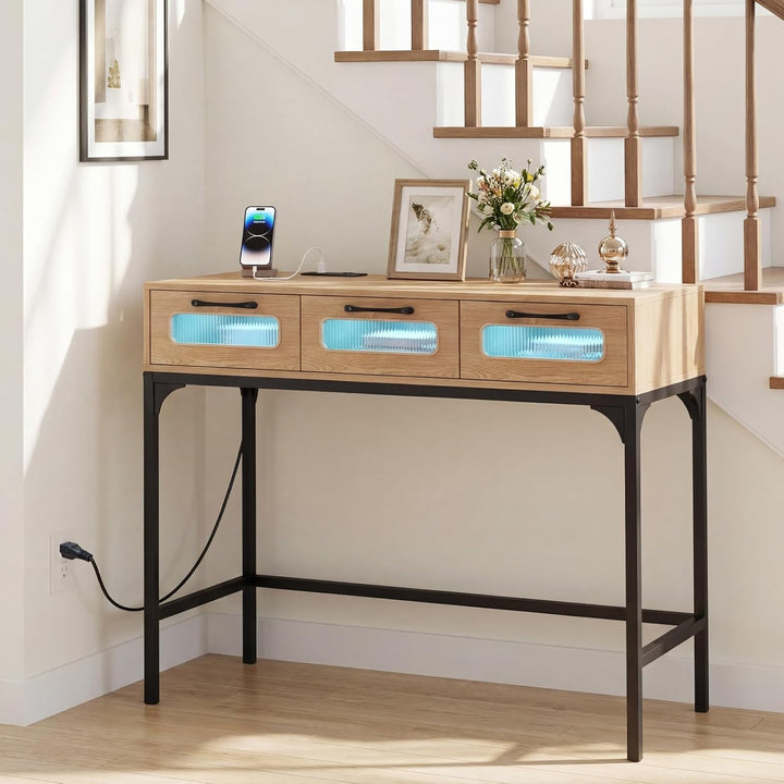 Giantex 35.5" Gold Console Table with Charging Station &amp; 3 Drawers