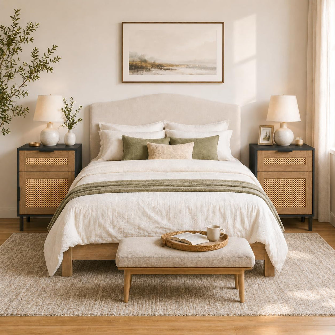 GIANTEX Rattan Nightstand with Drawer &amp; Cabinet, End Table