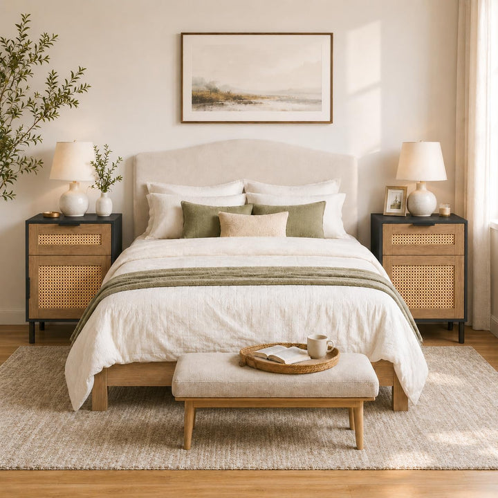 GIANTEX Rattan Nightstand with Drawer &amp; Cabinet, End Table