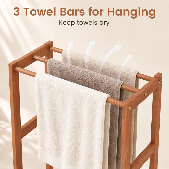 GIANTEX 3-Bar Wood Towel Rack Freestanding with Bottom Storage Shelf | Wooden Towel Drying Stand