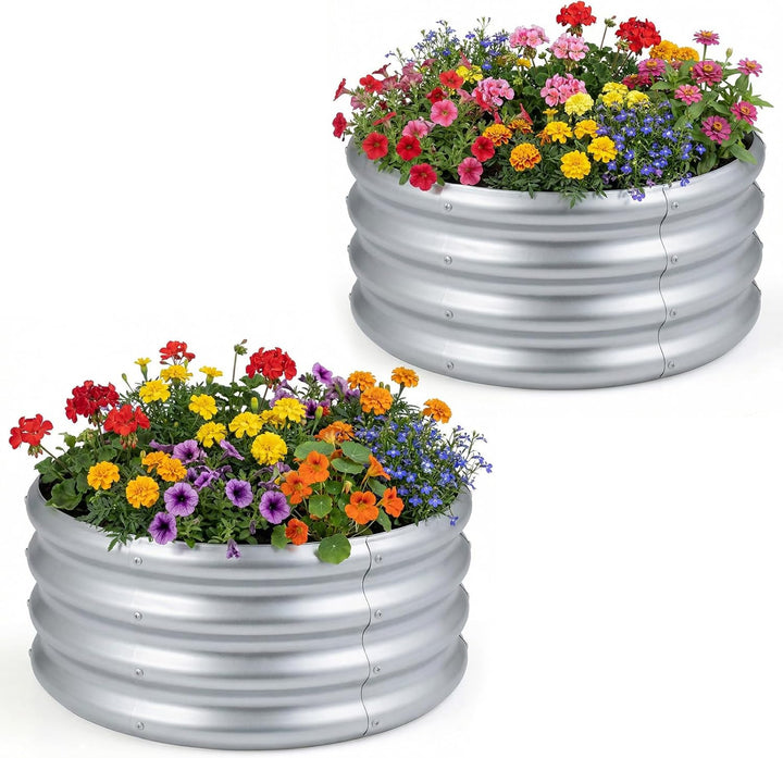 Giantex Galvanized 2 x 2 x 1 FT Round Outdoor Planter Box with Open-Ended Base (1/2)