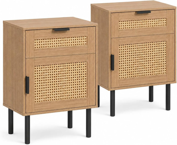 GIANTEX Rattan Nightstand with Drawer &amp; Cabinet, End Table