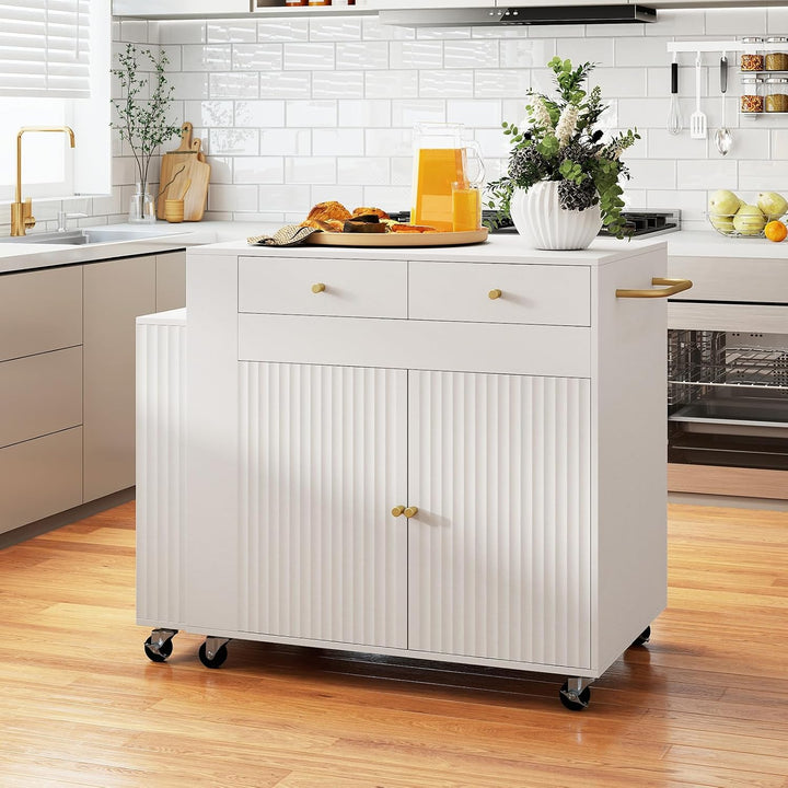 GIANTEX 72”-44.5” Extendable Kitchen Island with Storage, Power Outlet | Rolling Kitchen Island Table on Wheels w/Fluted Doors