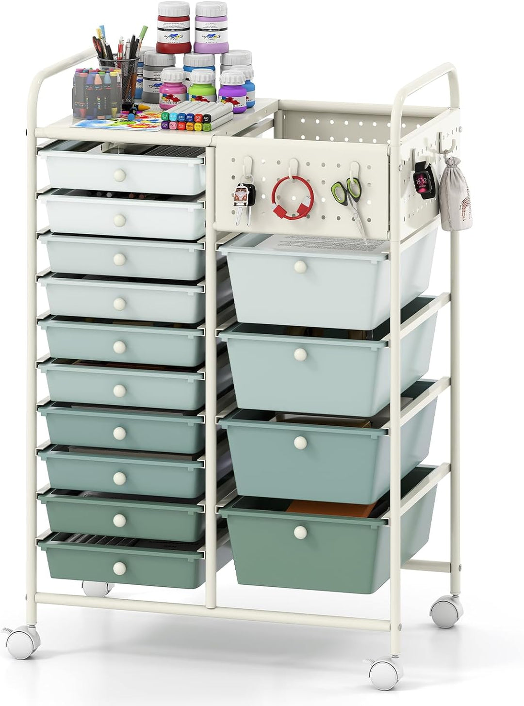 Giantex 14 Drawer Storage Cart | Rolling Craft Cart with Metal Tabletop &amp; Pegboard