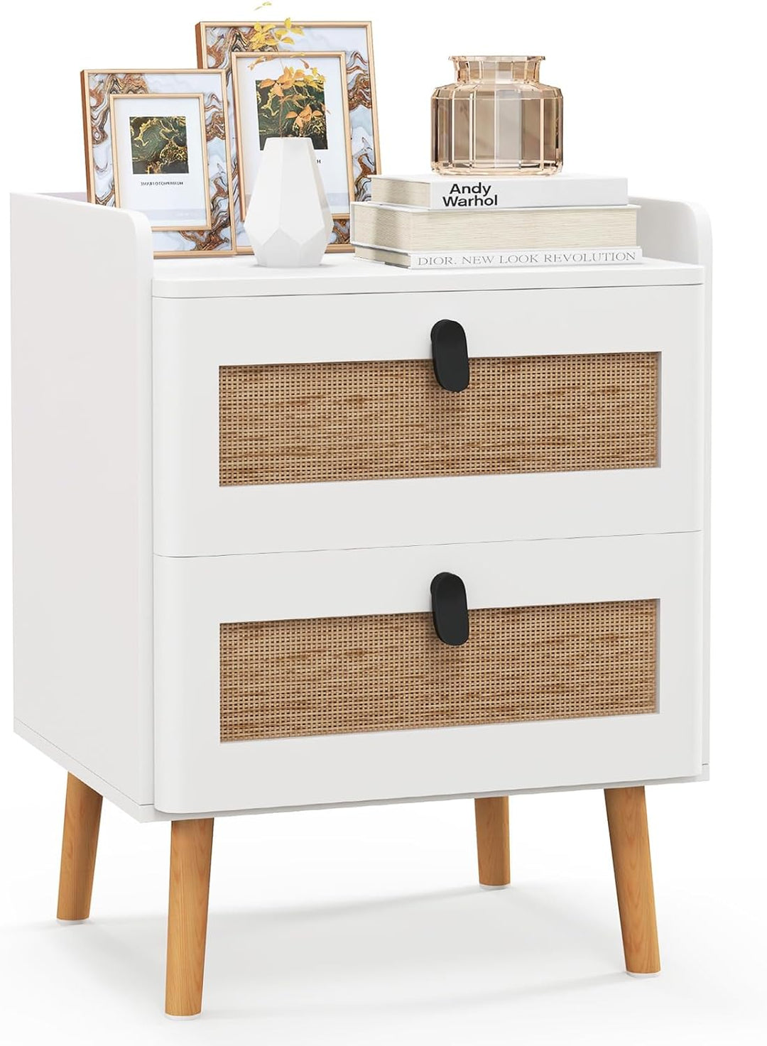 Giantex Rattan Nightstand, Boho 3-Drawer Dresser with 4 Solid Wood Legs