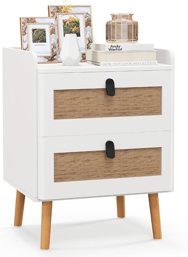 Giantex Rattan Nightstand, Boho 3-Drawer Dresser with 4 Solid Wood Legs