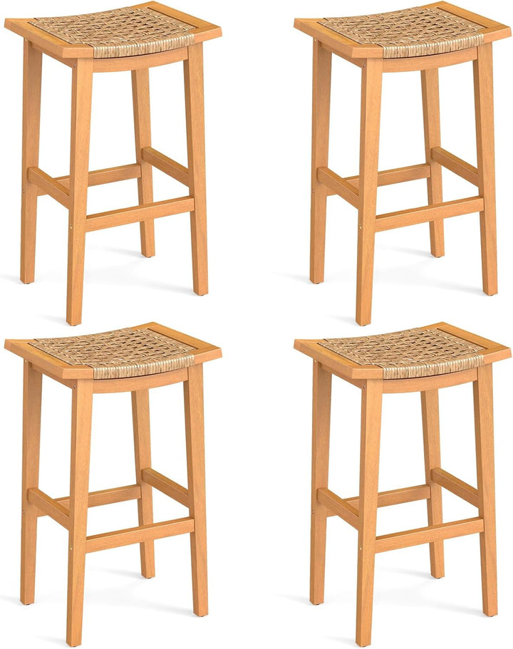 Giantex Outdoor Wooden 29" Bar Stools Set of 2/4 Backless Patio Barstools with PE Rattan Saddle Seat & Footrest