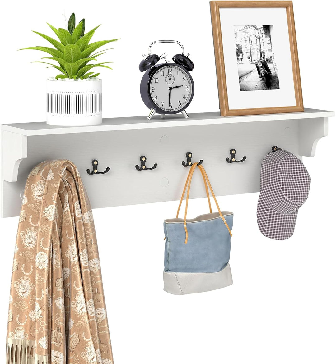 Giantex Wall-Mounted Storage Shelf | 31.5" Wooden Hanging Coat Rack with 6 Hooks