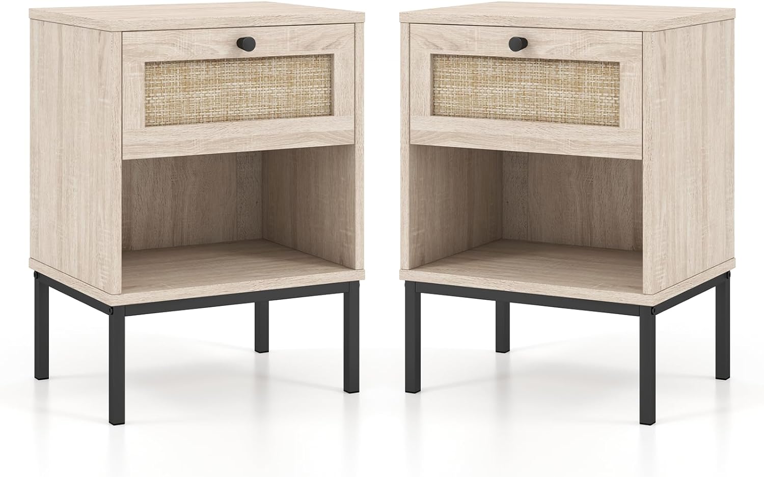 Giantex Rattan Nightstand with Drawer, Boho Side Table with 4 Metal Legs and Open Storage Shelf