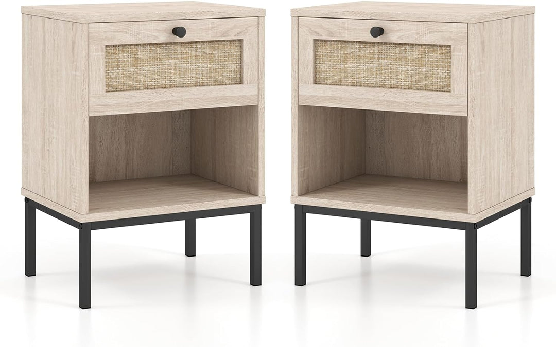Giantex Rattan Nightstand with Drawer, Boho Side Table with 4 Metal Legs and Open Storage Shelf