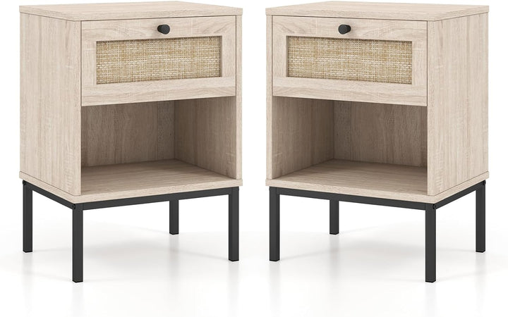 Giantex Rattan Nightstand with Drawer, Boho Side Table with 4 Metal Legs and Open Storage Shelf