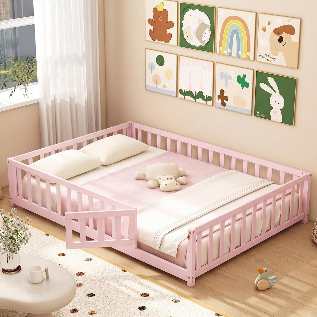Giantex Full Size Floor Bed for Kids, Montessori Floor Bed with Wood Slats &amp; Safety Guardrails