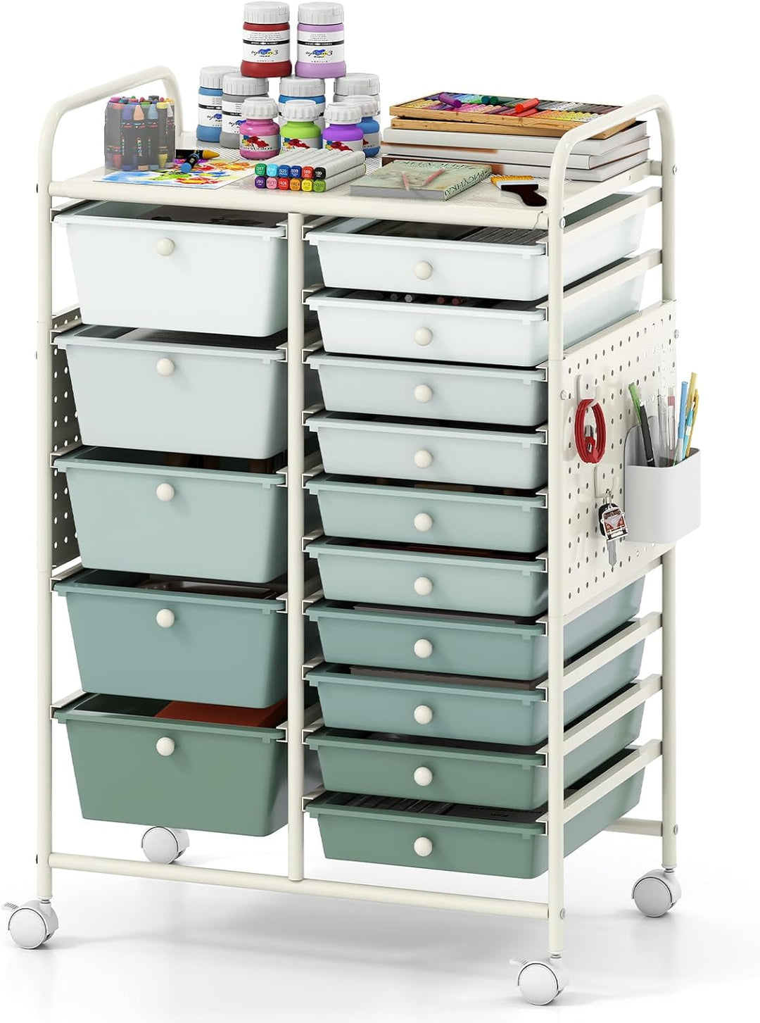 Giantex 15 Drawer Storage Cart | Rolling Craft Cart with Metal Tabletop &amp; Pegboard
