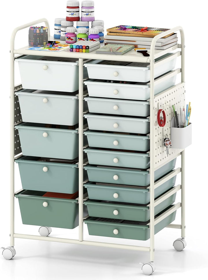 Giantex 15 Drawer Storage Cart | Rolling Craft Cart with Metal Tabletop &amp; Pegboard