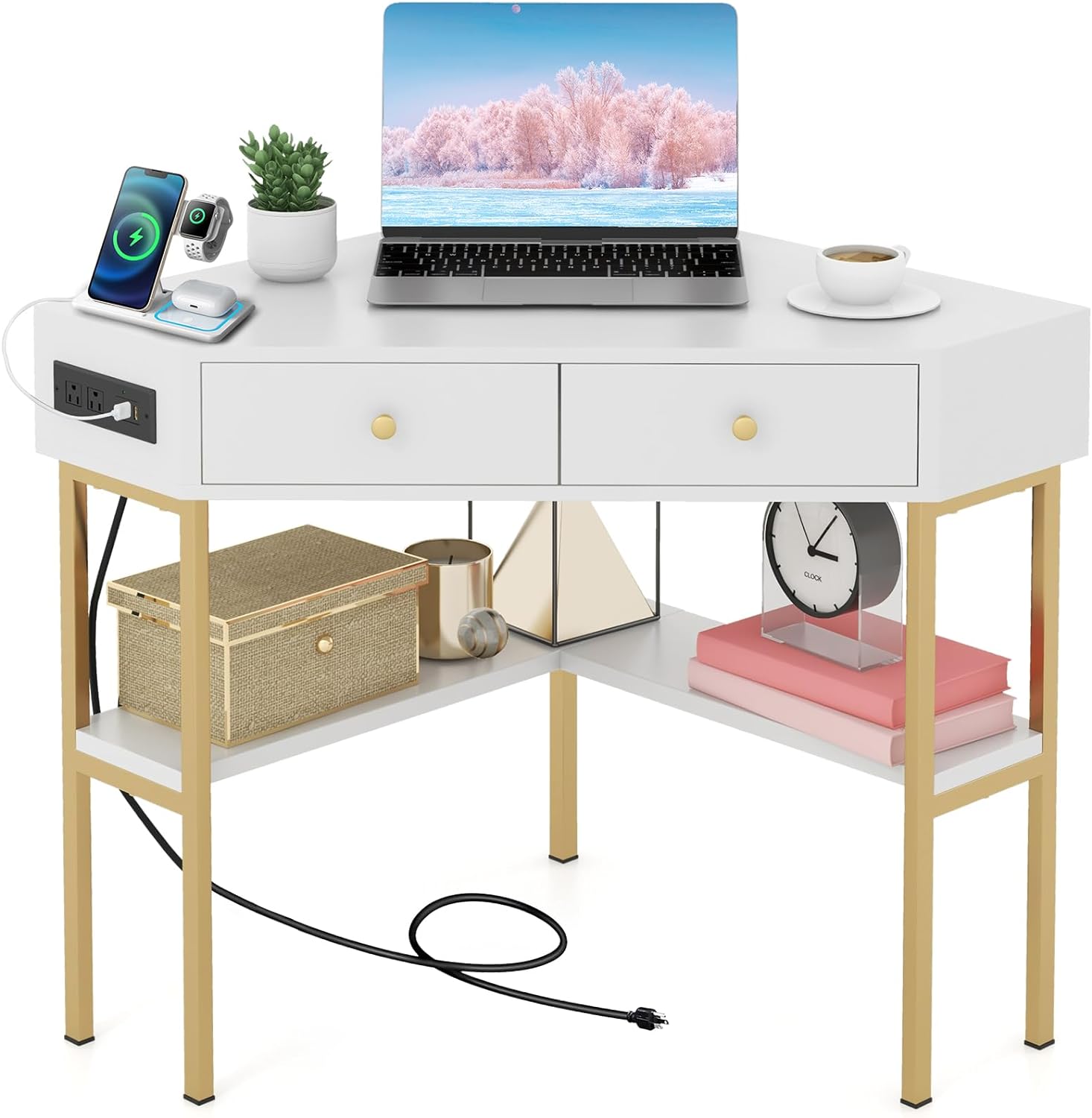 Giantex Corner Desk with Charging Station, 90 Degree Triangle Computer Desk with 2 Drawers & Storage Shelf