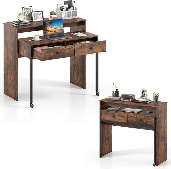 Giantex Small Computer Desk with Hutch & Drawers