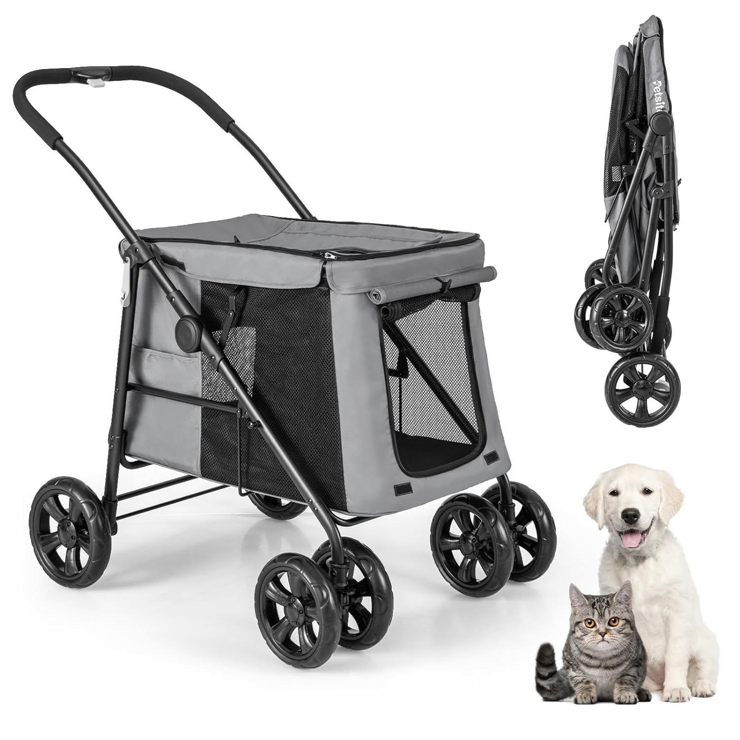 Giantex Dog Stroller, One-Button Folding Pet Stroller with 3 Entrances, 4 Shock-Absorbing Wheels
