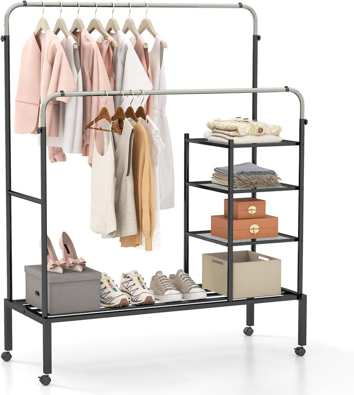 Giantex Double Rods Garment Rack with Wheels, Clothing Rack w/ 2 Hanging Height Adjustable Rods, Side Mesh Racks