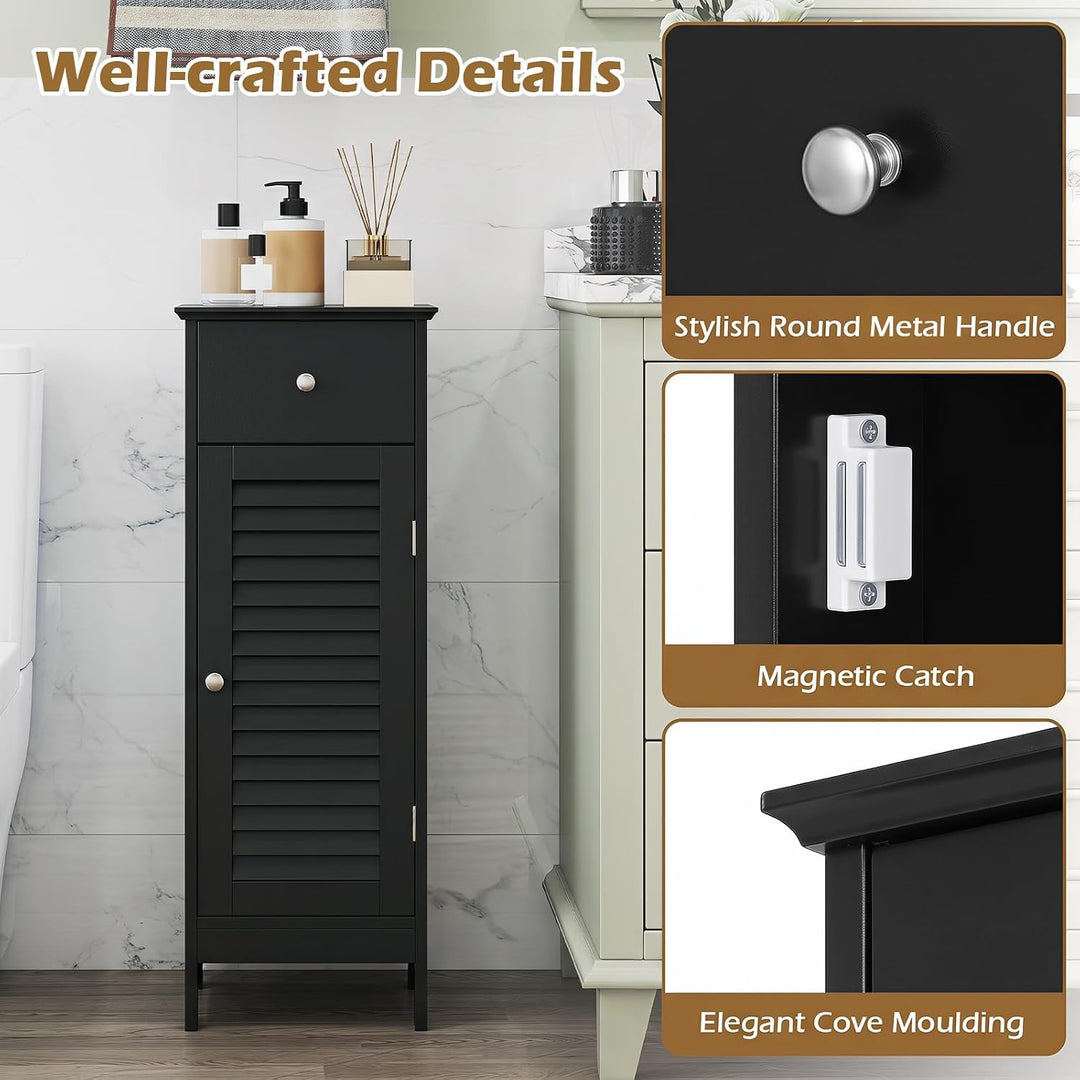 GIANTEX Bathroom Floor Storage Cabinet with Door and Drawer, Black | Freestanding Side Cabinet with 3-Height Adjustable Shelf