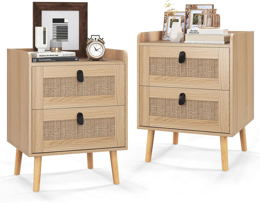 Giantex Rattan Nightstand, Boho 2/3-Drawer Dresser with 4 Solid Wood Legs