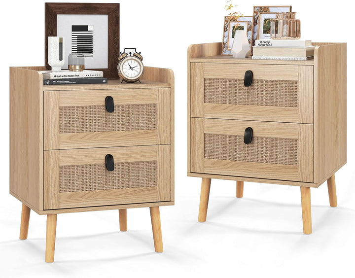 Giantex Rattan Nightstand, Boho 2/3-Drawer Dresser with 4 Solid Wood Legs