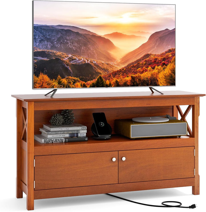 Giantex TV Stand with Power Outlet for TVs up to 50 Inch, Entertainment Center with 2-Door Cabinet