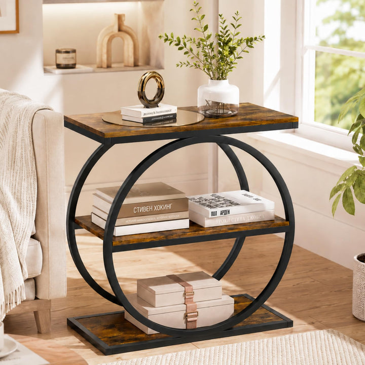 GIANTEX 3-Tier Faux Marble Narrow End Table with Storage &amp; Gold Geometric Metal Frame (1/2)