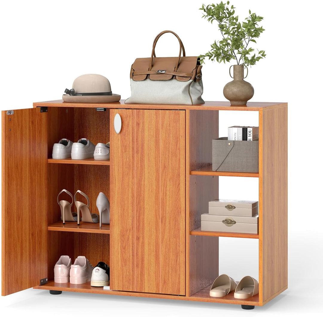 Giantex Wood Shoe Cabinet with Doors with 3-Level Adjustable Open Shelves