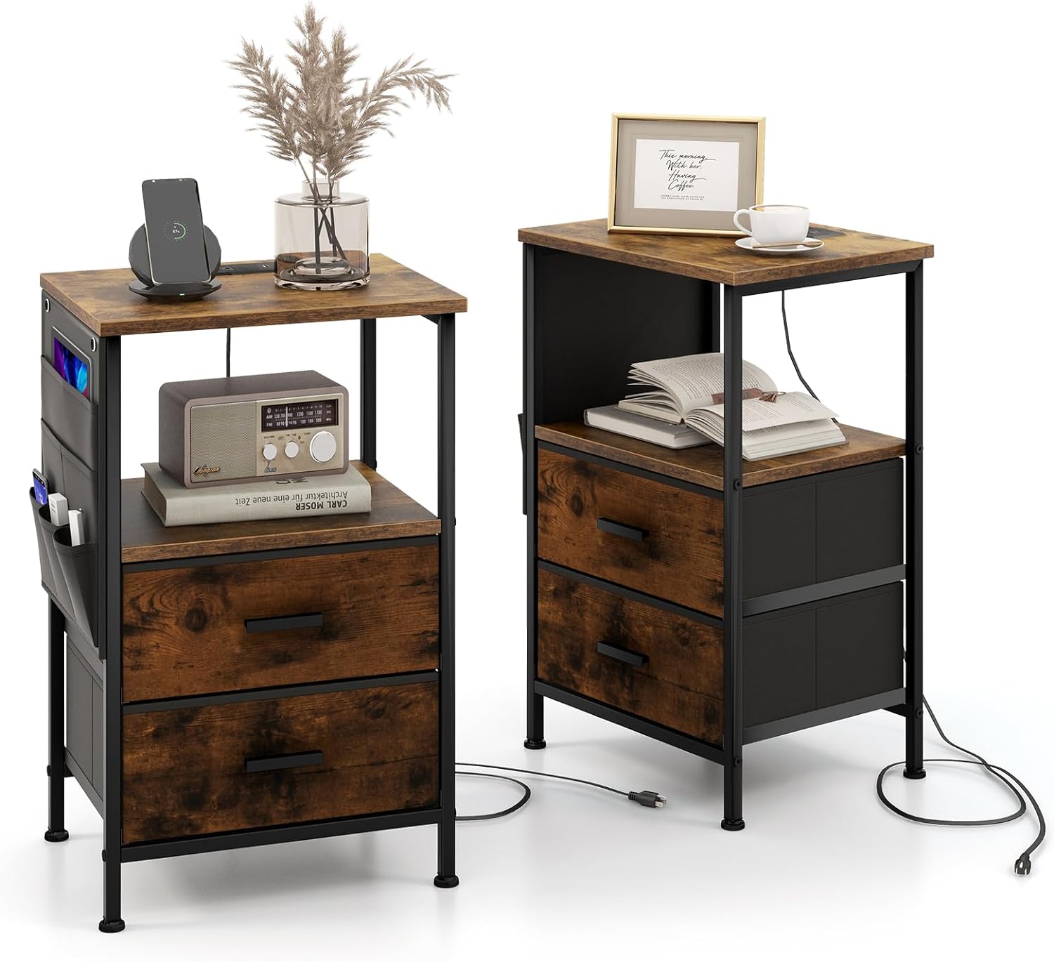 Giantex Nightstand with Charging Station, Industrial Bedside Table with 2 Fabric Drawers & 6 Storage Pockets