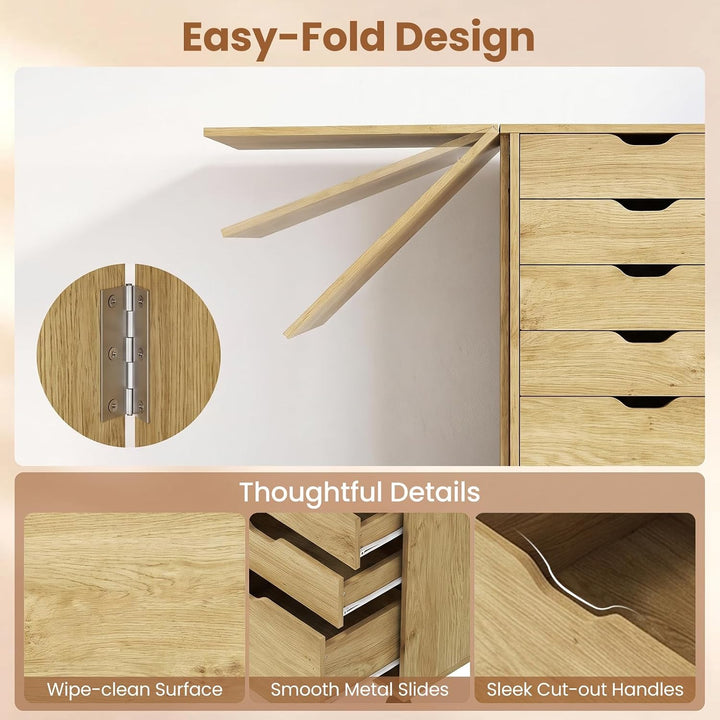 GIANTEX 5-Drawer Wood Drawer Cabinet Folding Desk with Wheels