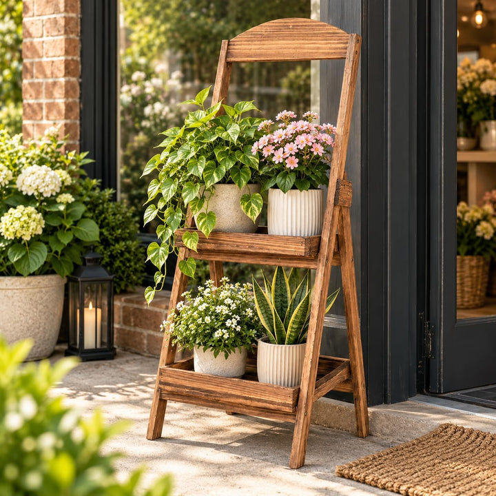GIANTEX 2-Tier Ladder Plant Stand, Fir Wood Flower Pot Shelf, Rustic Brown