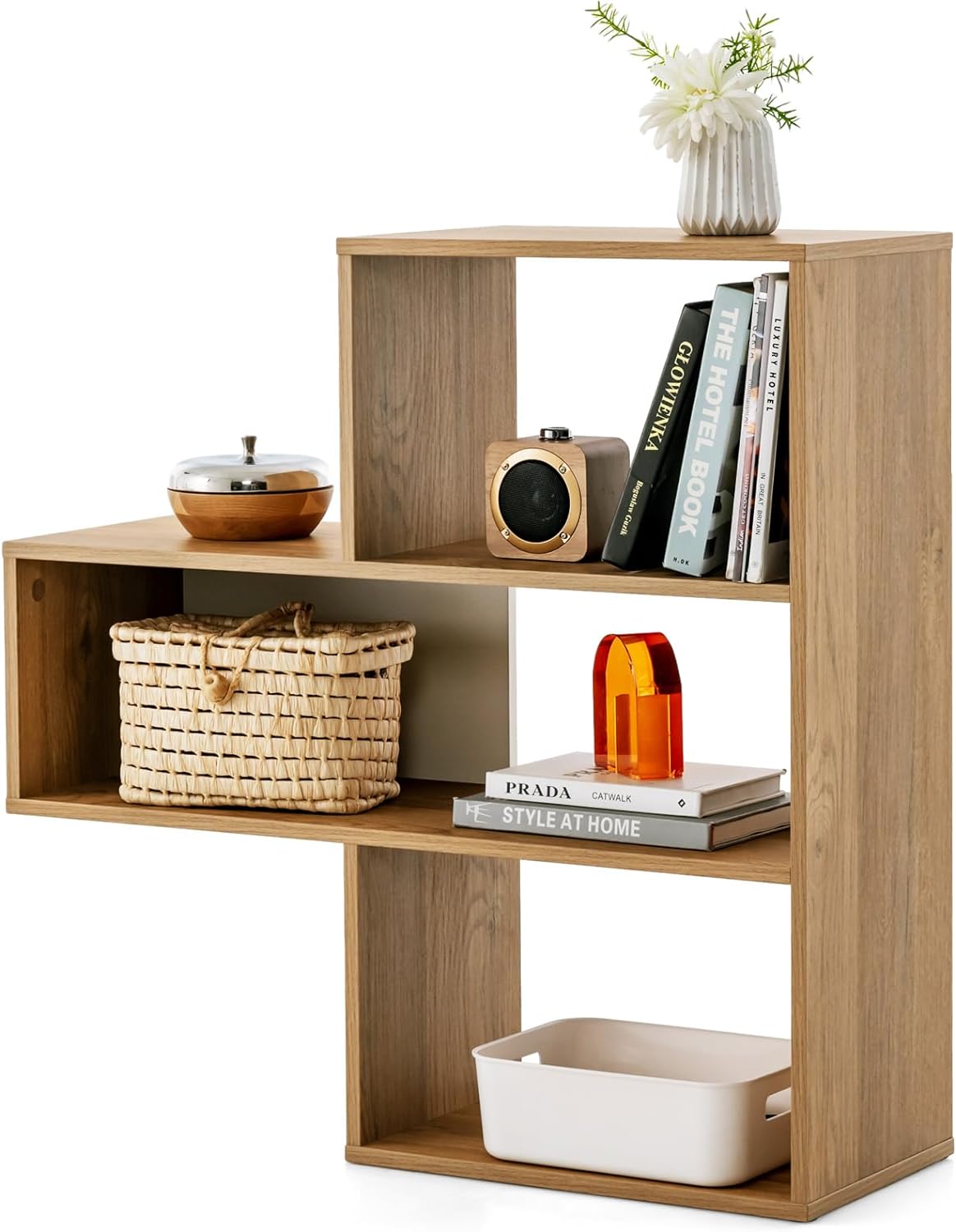 Giantex 3-Tier Bookshelf, Wooden Concave Bookcase for Small Space, Modern Freestanding Display Storage Shelves