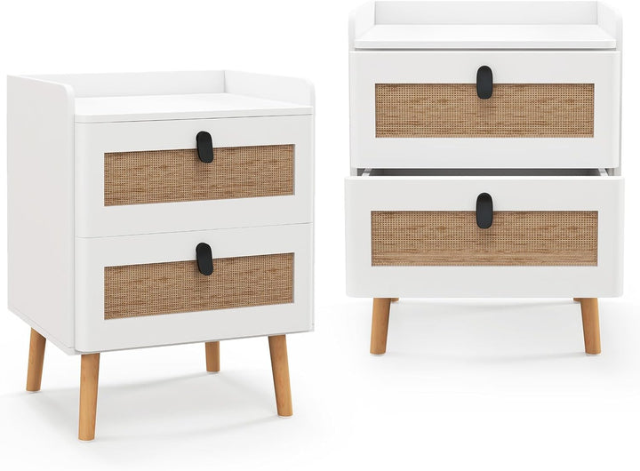 Giantex Rattan Nightstand, Boho 3-Drawer Dresser with 4 Solid Wood Legs