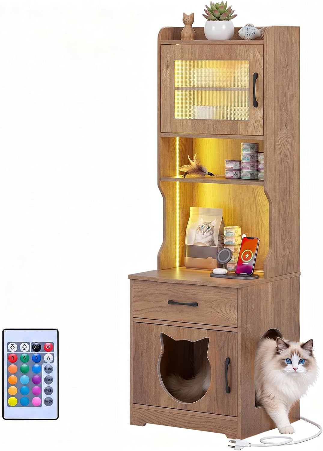 GIANTEX 60" Tall Cat Litter Box Enclosure with Storage Shelves &amp; LED Light