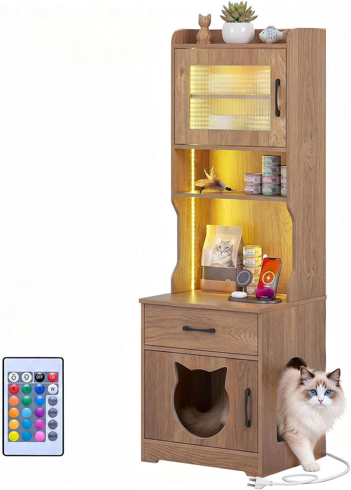 GIANTEX 60" Tall Cat Litter Box Enclosure with Storage Shelves &amp; LED Light