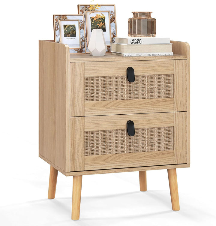 Giantex Rattan Nightstand, Boho 2/3-Drawer Dresser with 4 Solid Wood Legs